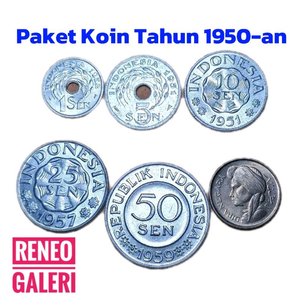 Berkilau paket Koin Tahun 1950an sen Indonesia set Uang koin kuno logam asli original 50an 6 keping