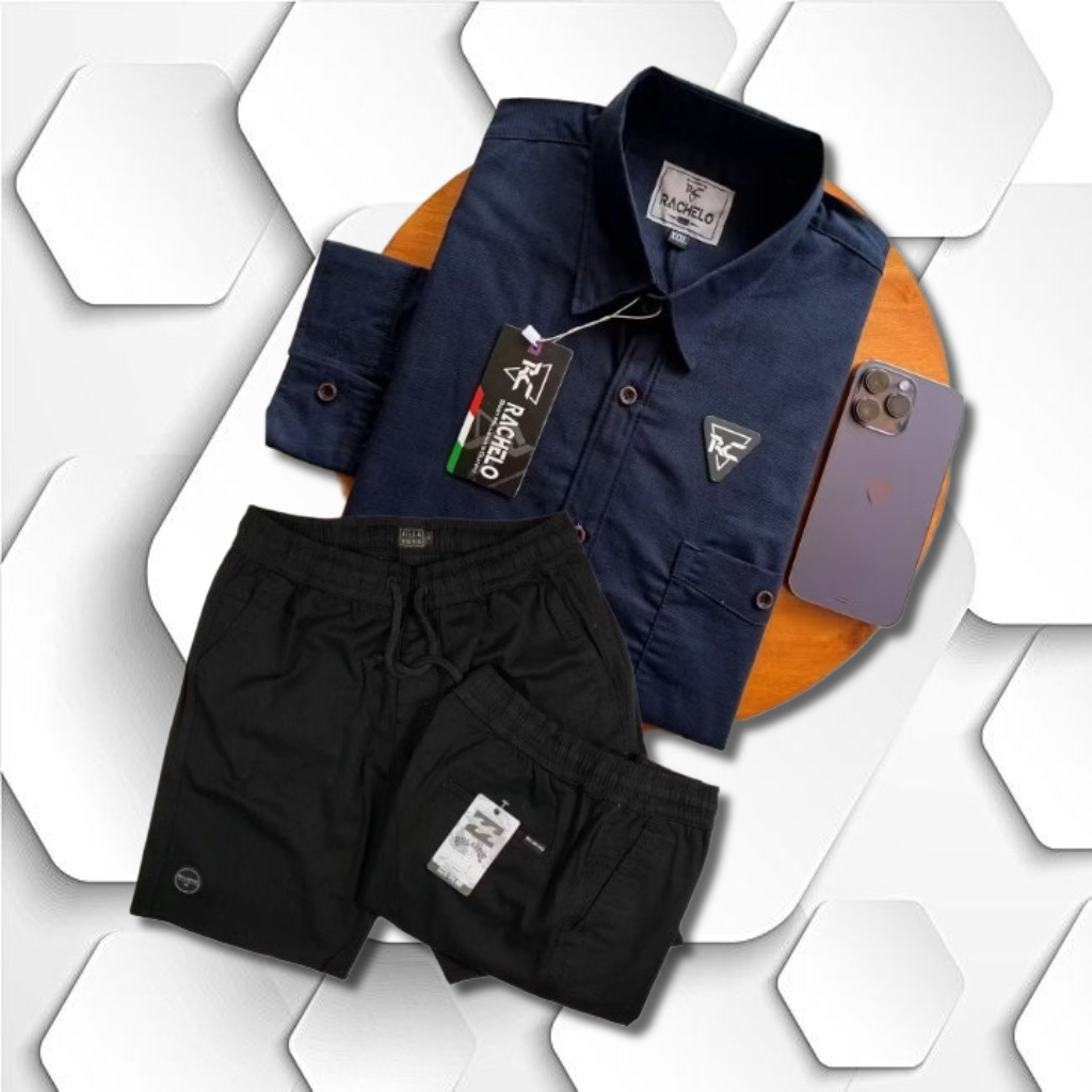 PAKET HEMAT COD Setelan Kemeja Lengan Panjang Pria Dewasa Celana Pendek Pria Dewasa Laki Laki One Se