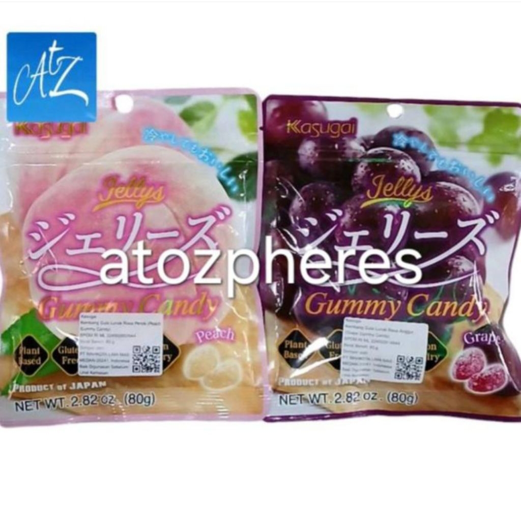 

Permen kembang gula jeli lunak BEBAS GLUTEN FREE rasa buah persik anggur Jepang Japan Kasugai Plant Based Jellys Jelly Peach Grape Gummy Candy pouch 80g.