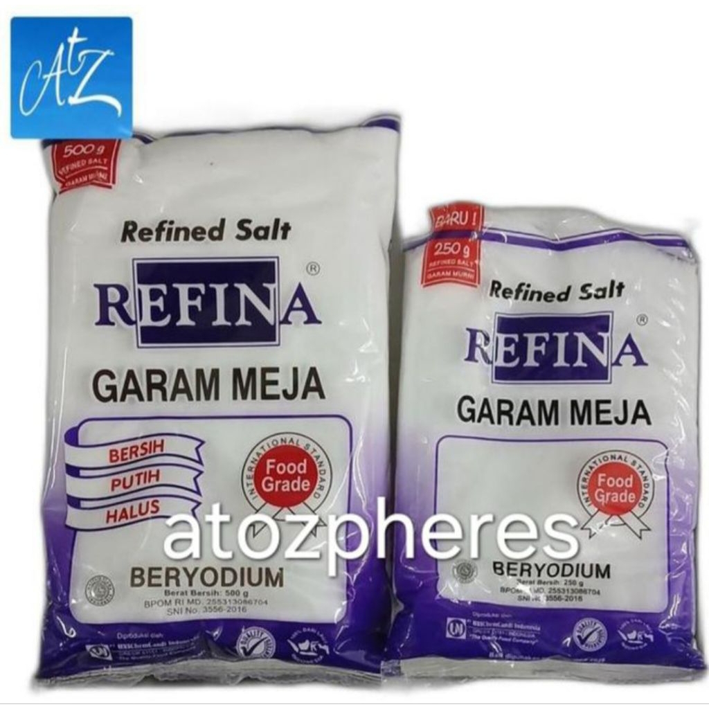 

Garam meja bersih putih halus beryodium food grade halal REFINA Refined iodized Salt 250g 500g