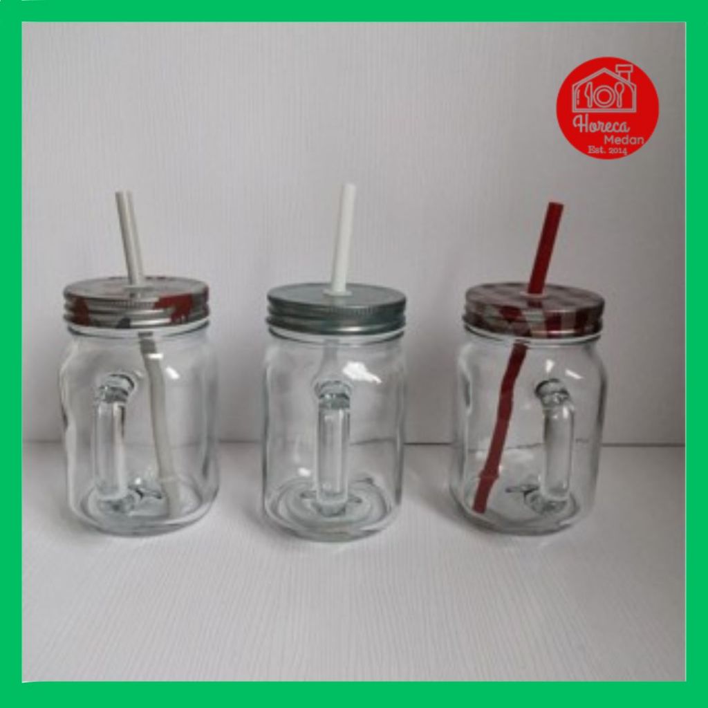 Mug kaca Gelas mason jar bertutup dan free sedotan 1set