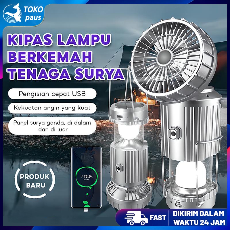Lampu Emergency Camping LED Kipas Lampu/ Portable Lantern/ Solar 2 In 1 Lampu/ Outdoor Lampu/