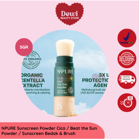 NPURE Sunscreen Powder Cica / Beat the Sun Powder / Sunscreen Bedak & Brush / Bedak Bebas Kilap Miny