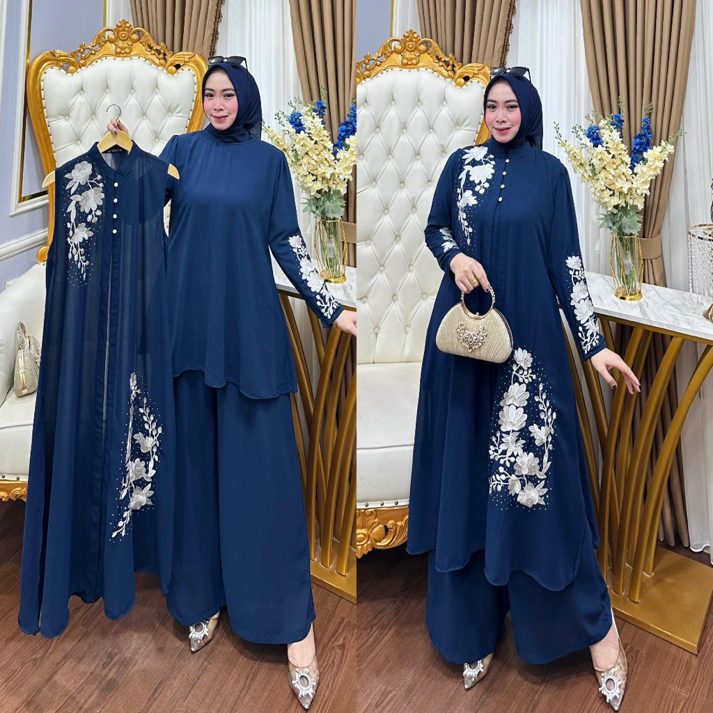 Murah  Syauqi.Series - Setelan Celana Wanita Muslimah 3In1 Gamis Bordir Bahan Ceruty Babydoll