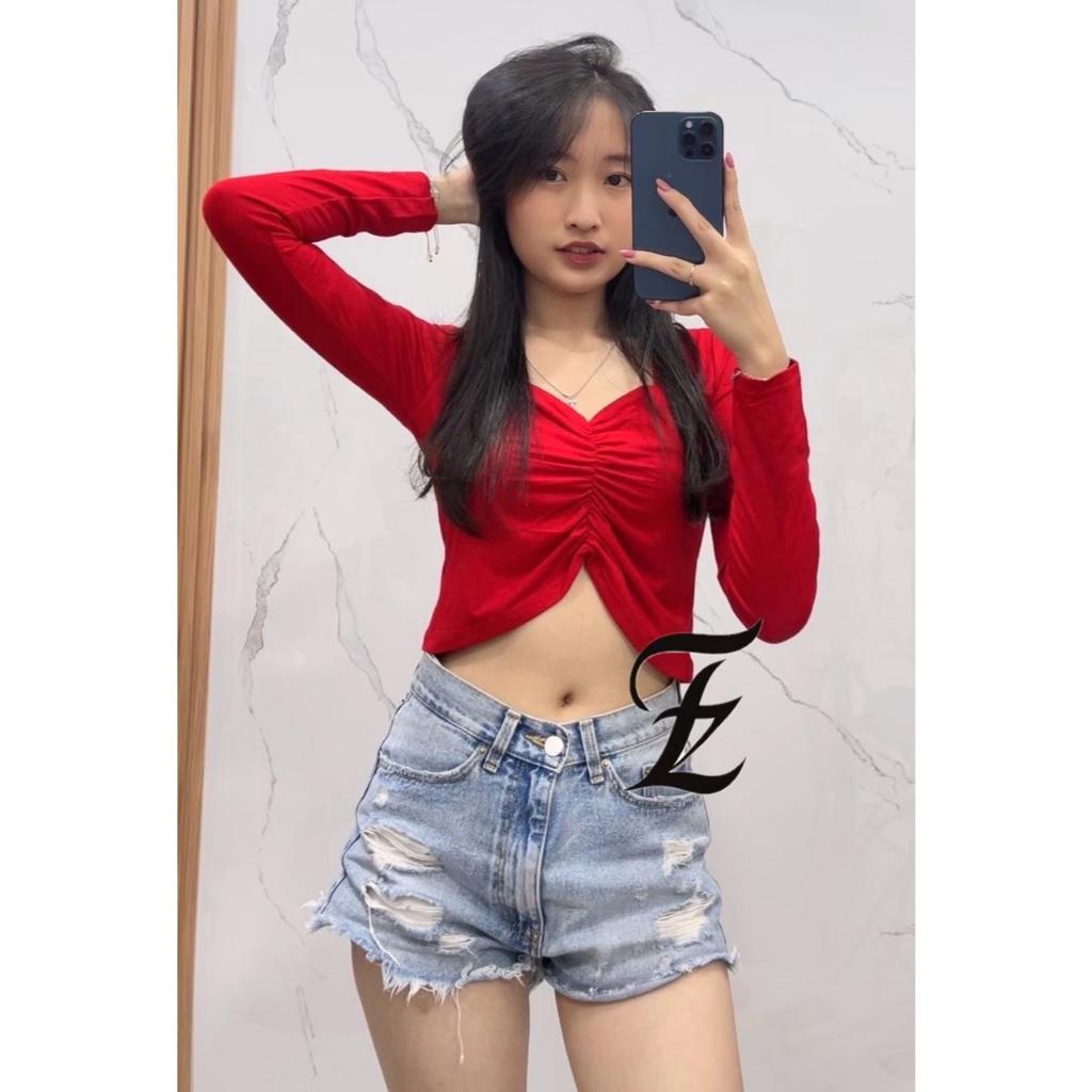 fenlisz / crop top V kerut dada lengan panjang / kaos crop top lengan panjang 6056