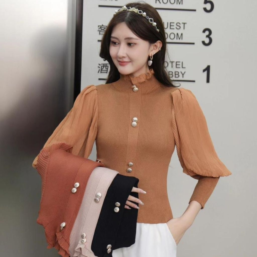 ALEXIS BLOUSE RAJUT KOMBINASI CERUTY LENGAN BALON PREMIUM IMPORT