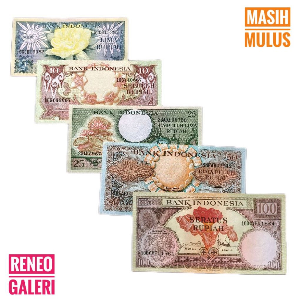 Mulus Asli Paket mini set Seri Bunga Tahun 1959 burung Uang Kertas Kuno 5 10 25 50 100 Rupiah Rp Gre