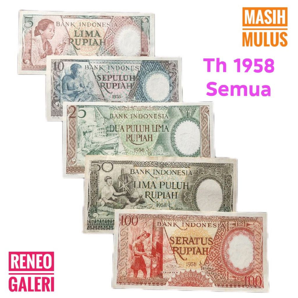 Mulus Asli Paket mini set Seri pekerja Tahun 1958 Tangan Uang Kertas Kuno 5 10 25 50 100 Rupiah Rp G