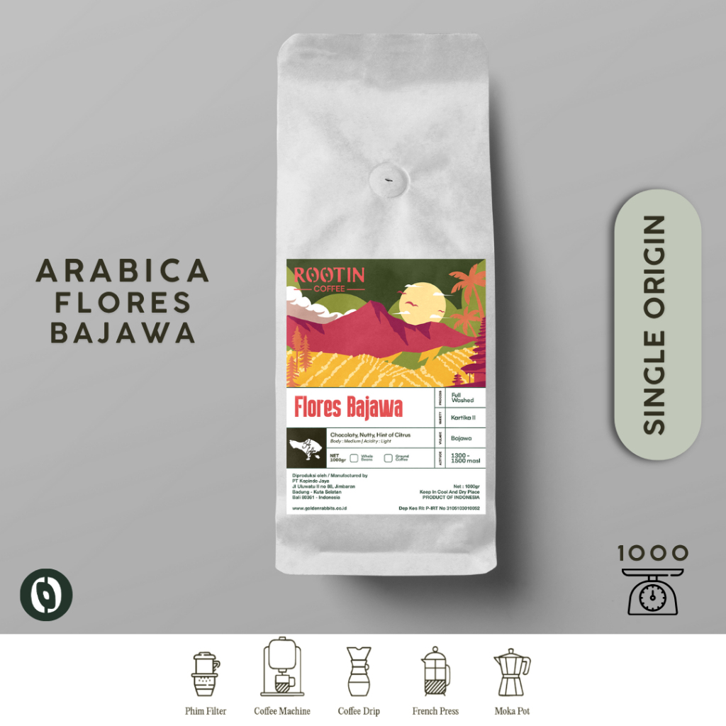 

Rootin Coffee Flores Bajawa Single Origin Arabika Roasted Beans Biji dan Bubuk Kopi / 1kg