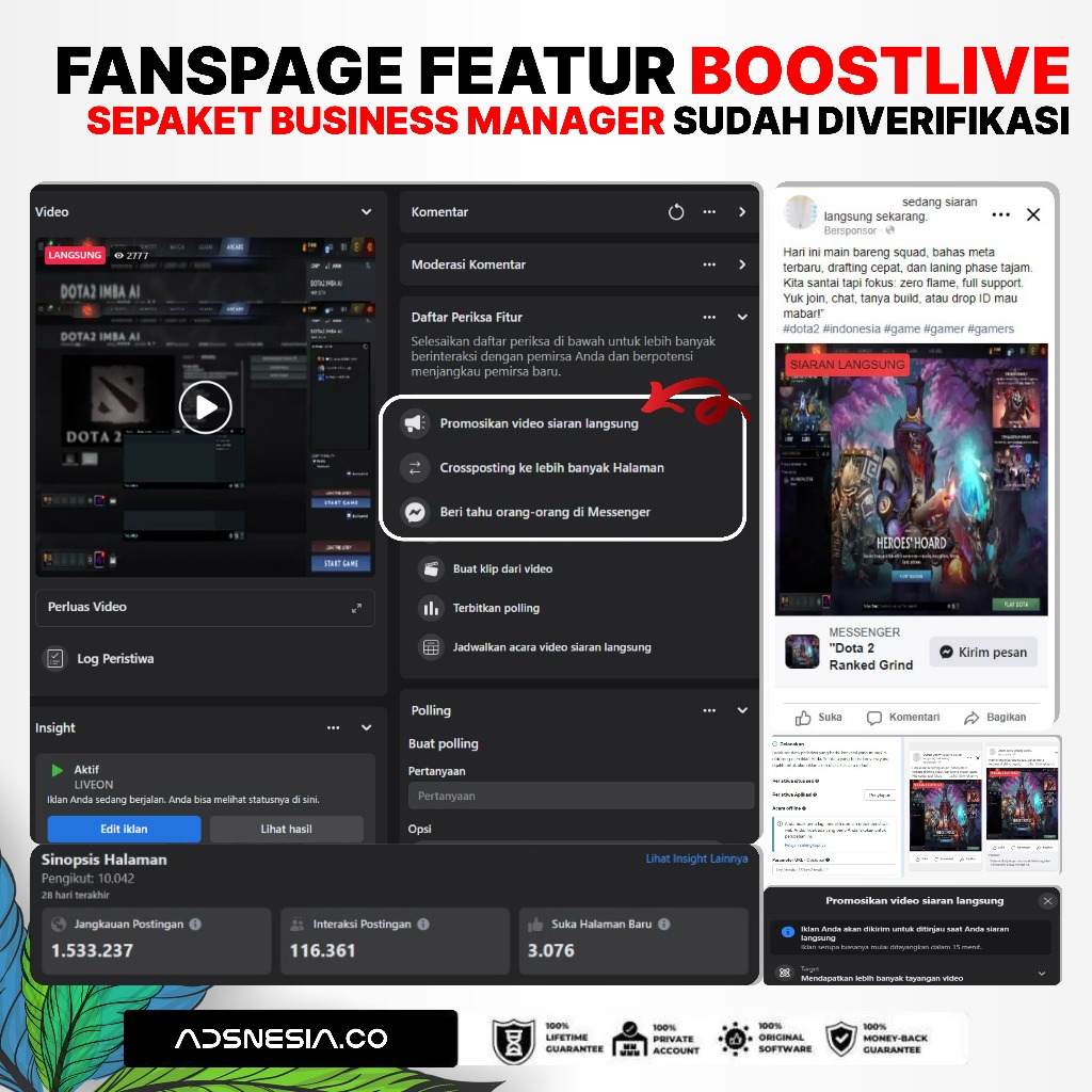 Fanspage Facebook Fitur Boost Live Streaming Garansi 100% Followers Aktif Indonesia (Ads/Live Stream