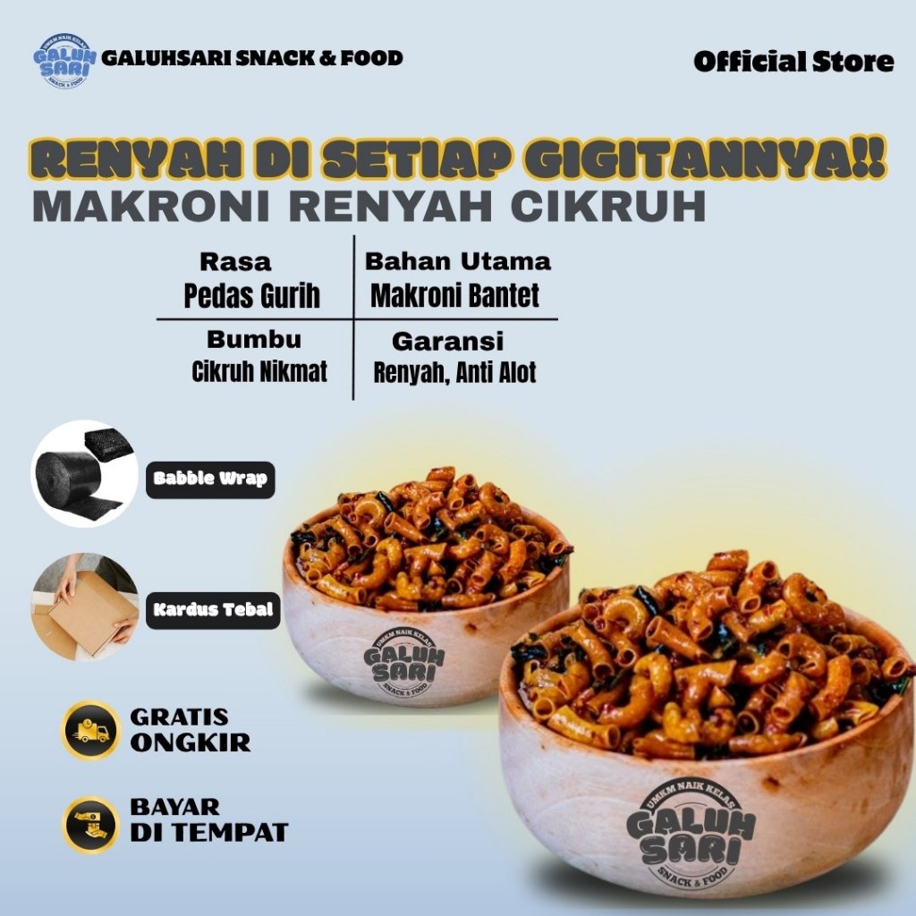 

Galuhsari - Camilan Pedas kiloan Makroni Bantet Bumbu Cikruh Daun Jeruk Melimpah Tekstur Renyah Enak