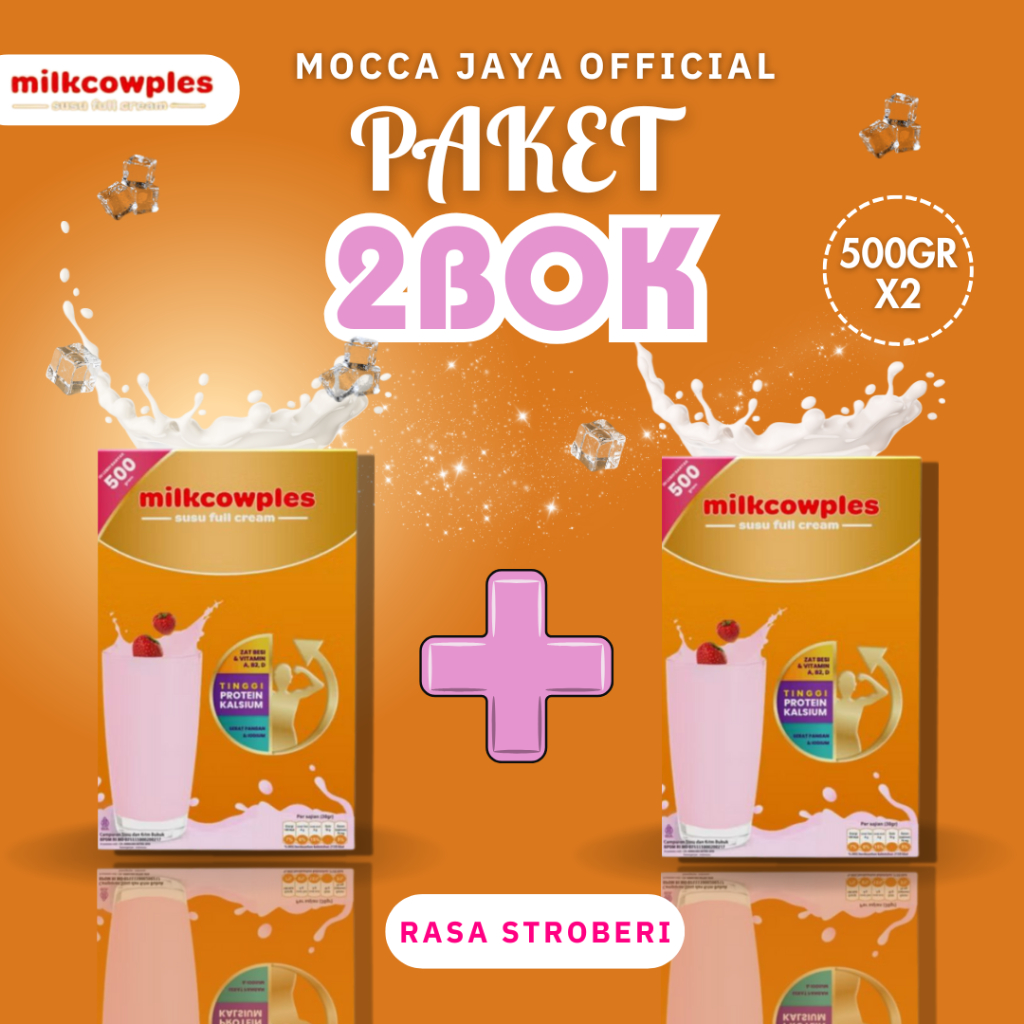 

MILKCOWPLES 2 BOX SUSU SAPI BUBUK RASA STROBERI 500GR PENGGEMUK DAN PENINGGI BADAN
