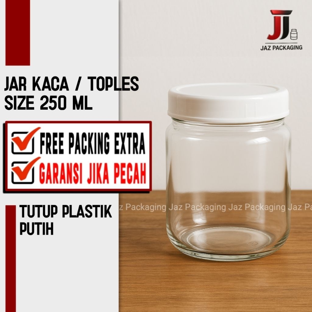 Toples Kaca Bening 250 ml tutup plastik putih / Jar 250 ml tutup plastik / toples bumbu dapur / Boto