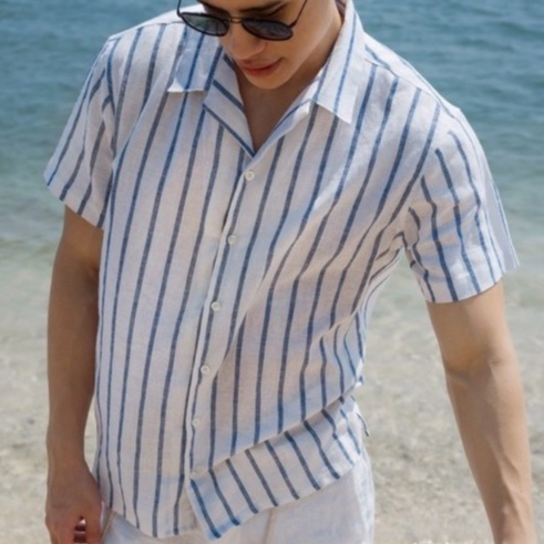 REMEDY Kemeja Linen Pria Pendek Putih Stripe - Mykonos Linen Shirt