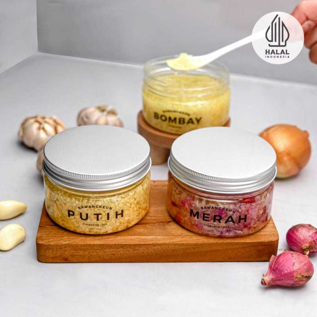 

Combo Mix 3 Jar Bawang Putih Merah Bombay Cincang / Iris BAWANGKEUN BUMBU Baceman Bawang Kupas