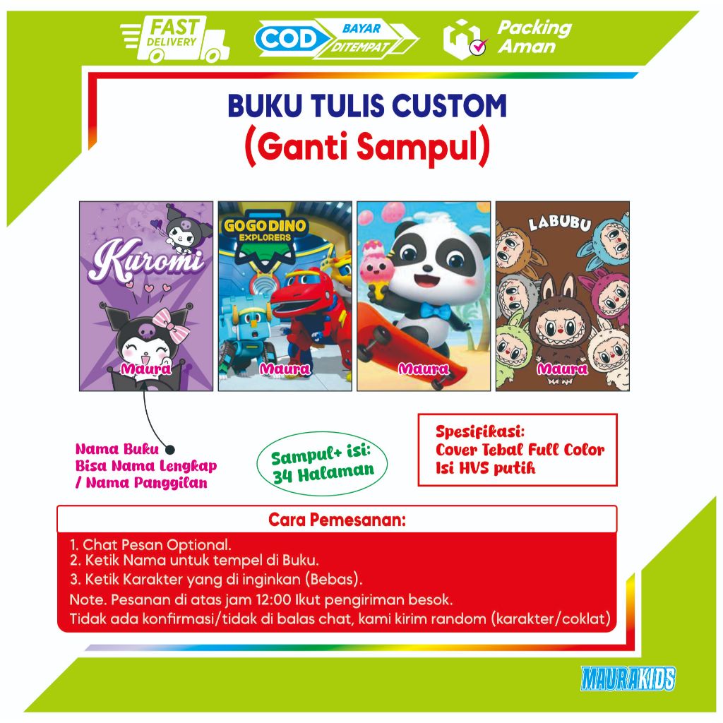 

Custom BUKU TULIS Isi 10 Buku (34 Lembar) bisa Requesh Karakter bebas