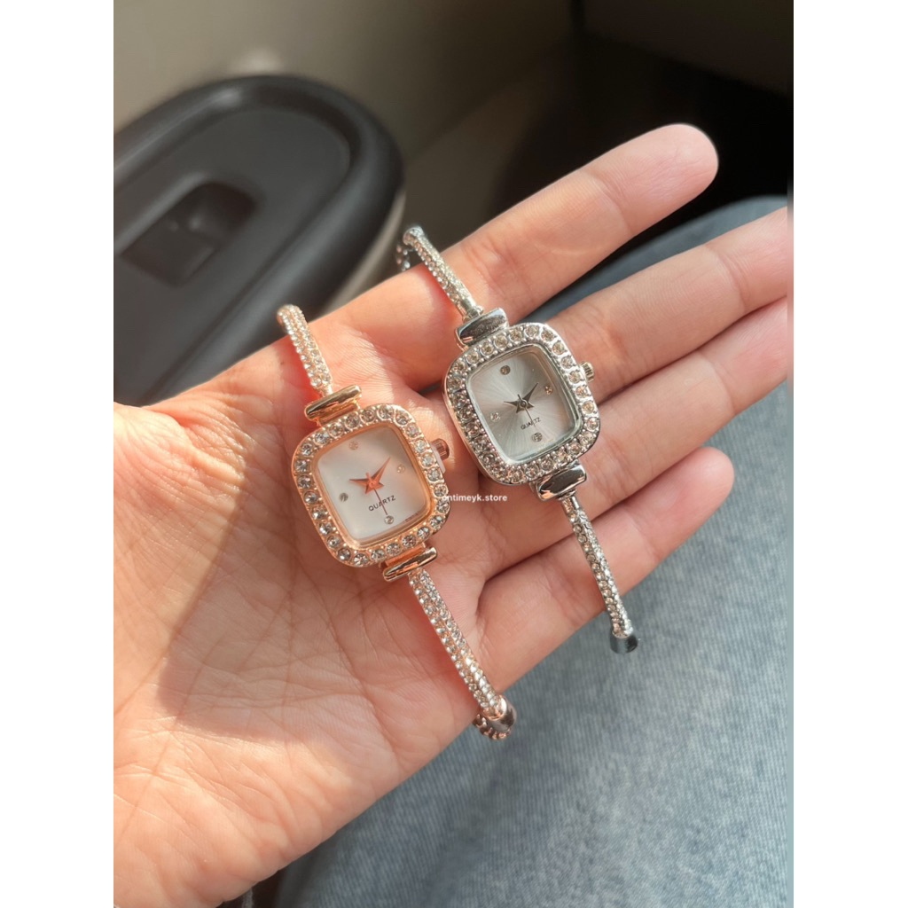 Jam Tangan Wanita Gelang SerutKotak  Bracelet Bangle Watch Square Elegan Rosegold Silver