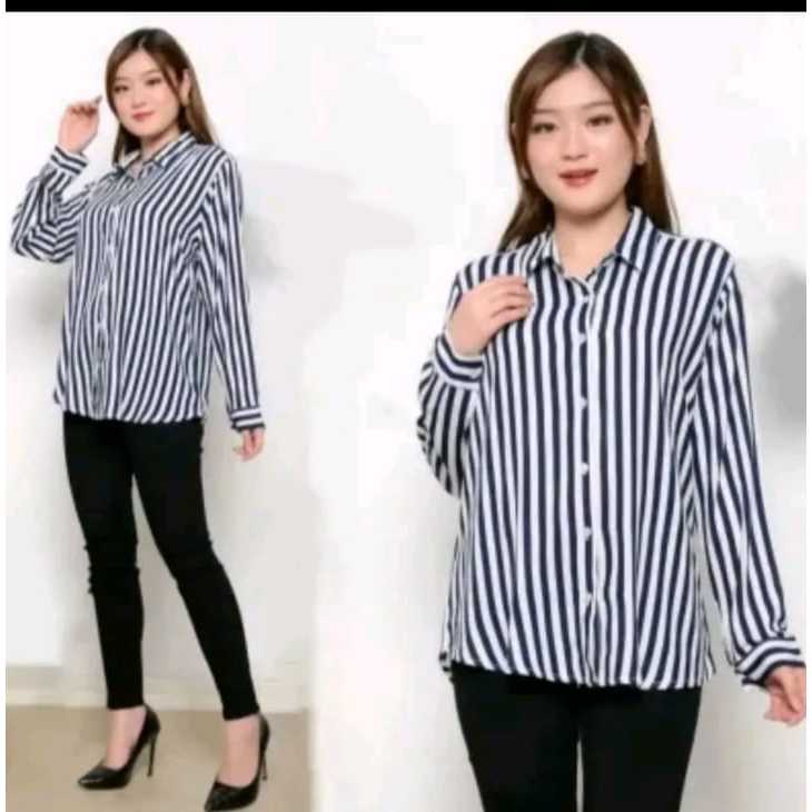 Kemeja Motif Salur Setrip Hitam Putih Cewek Jumbo Wanita model kekinian
