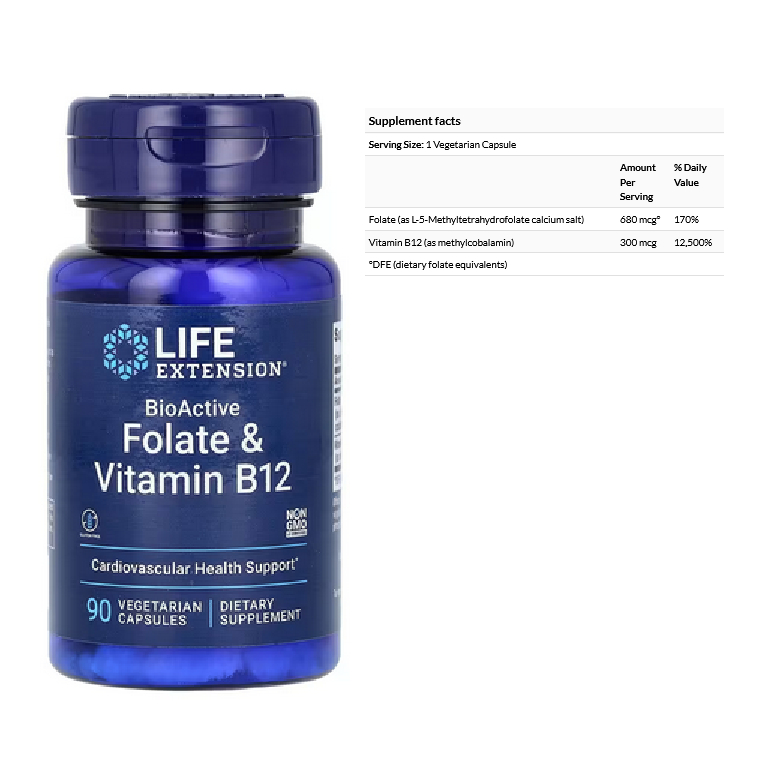 Life Ext, BioActive, Folate & Vitamin B12, 90 Vegetarian Capsules