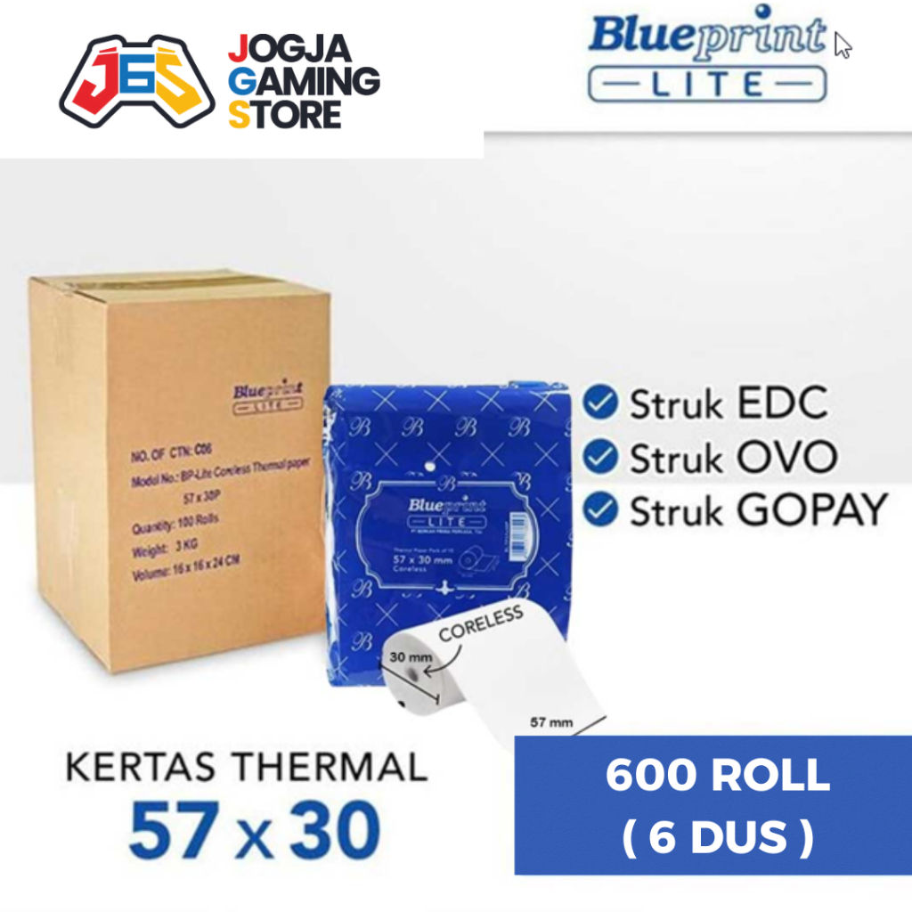 

Kertas Thermal Struk Kasir PPOB Parkir EDC 57x30 Blueprint Lite - Cocok Untuk Printer Mini POS Coreless - 6 Dus ( 600 Roll )