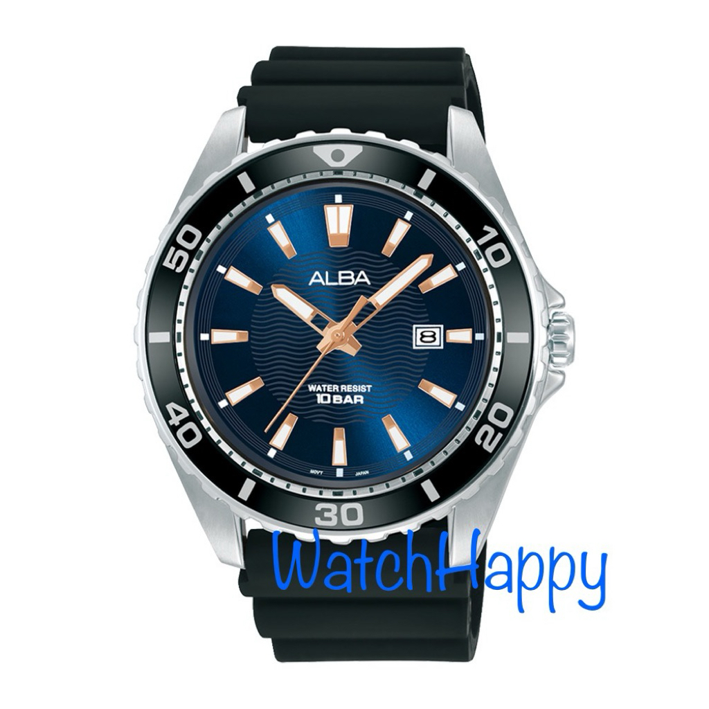 JAM TANGAN ANALOG PRIA ALBA AG8L31X1 / AG8L31 / AG8L31X QUARTZ MOVEMENT BLUE DIAL RUBBER BLACK STRAP