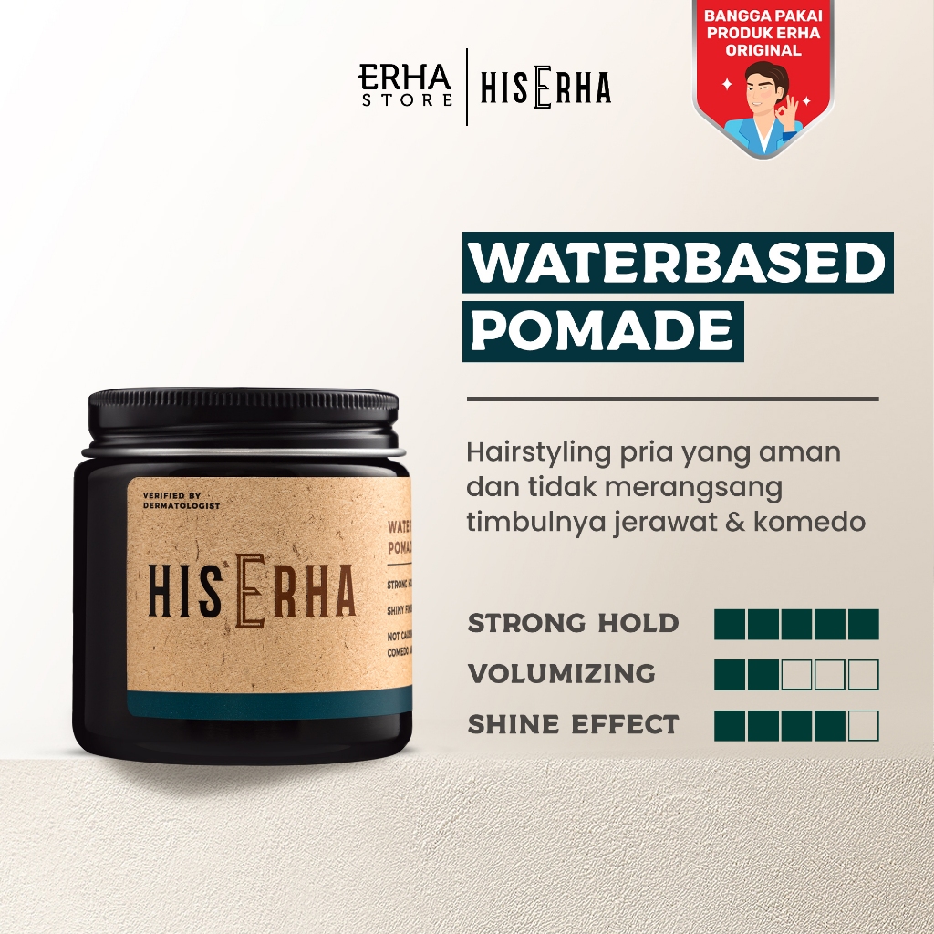 HIS ERHA Waterbased Pomade 120g - Hair Styling Pria Untuk Hasil Sleek, Strong Hold, Mudah Dicuci, Am