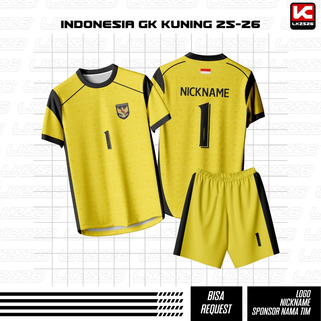 Jersey Bola/Futsal Custom – Fantasy TIMNAS INDONESIA KIPER KUNING 25/26 Bahan Adem Dryfit Full Print