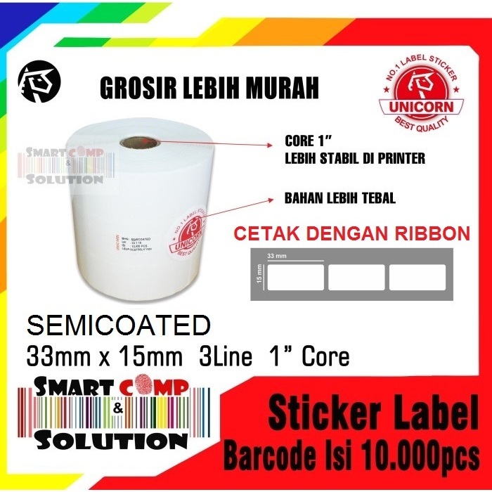 

Stiker Label Barcode Semicoated 33x15 mm / 33x15mm / 33 x 15 mm 3 Line Core 1 inch isi 10.000pcs