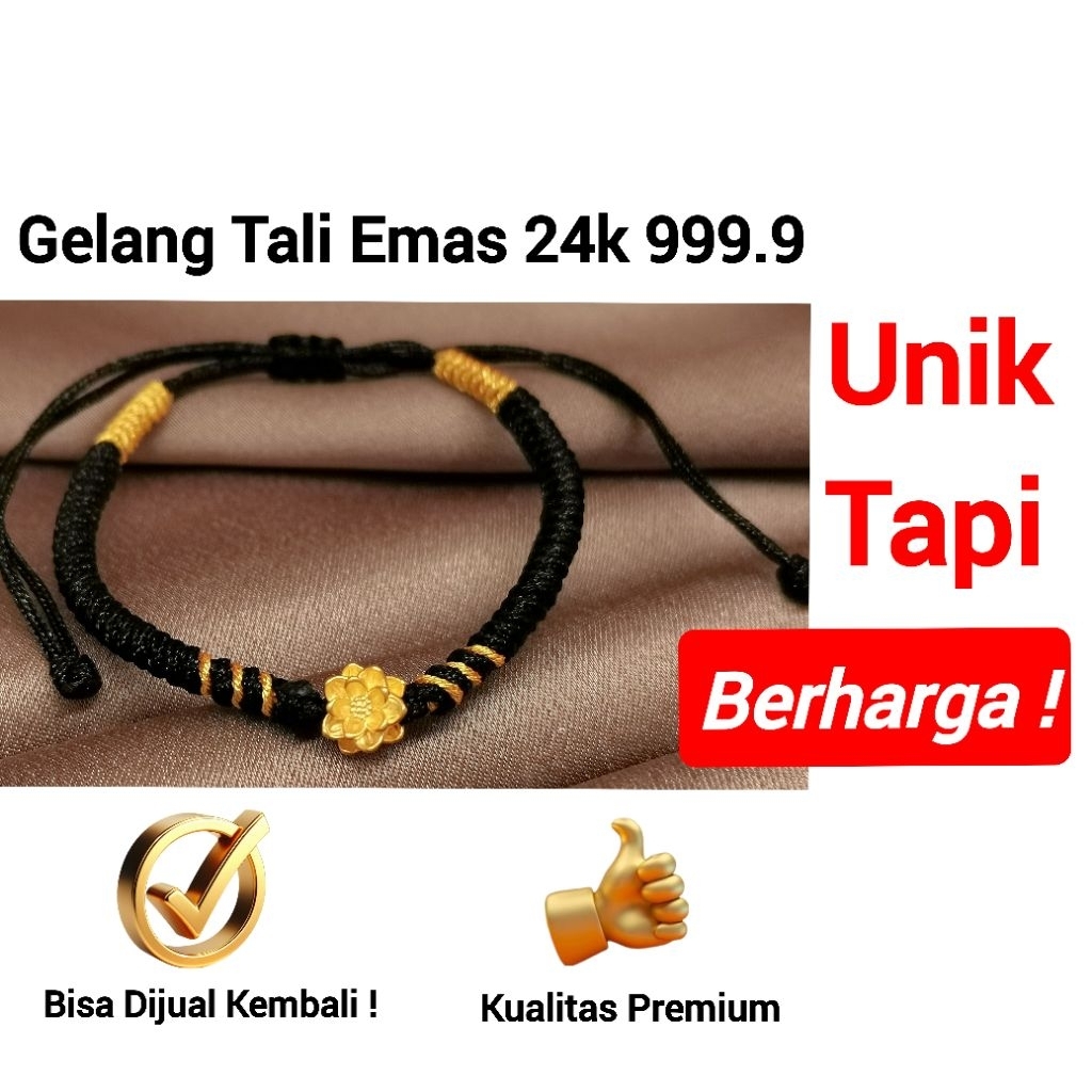 Gelang Emas Asli Teratai 24Hongkong 999% Tali Pelintir