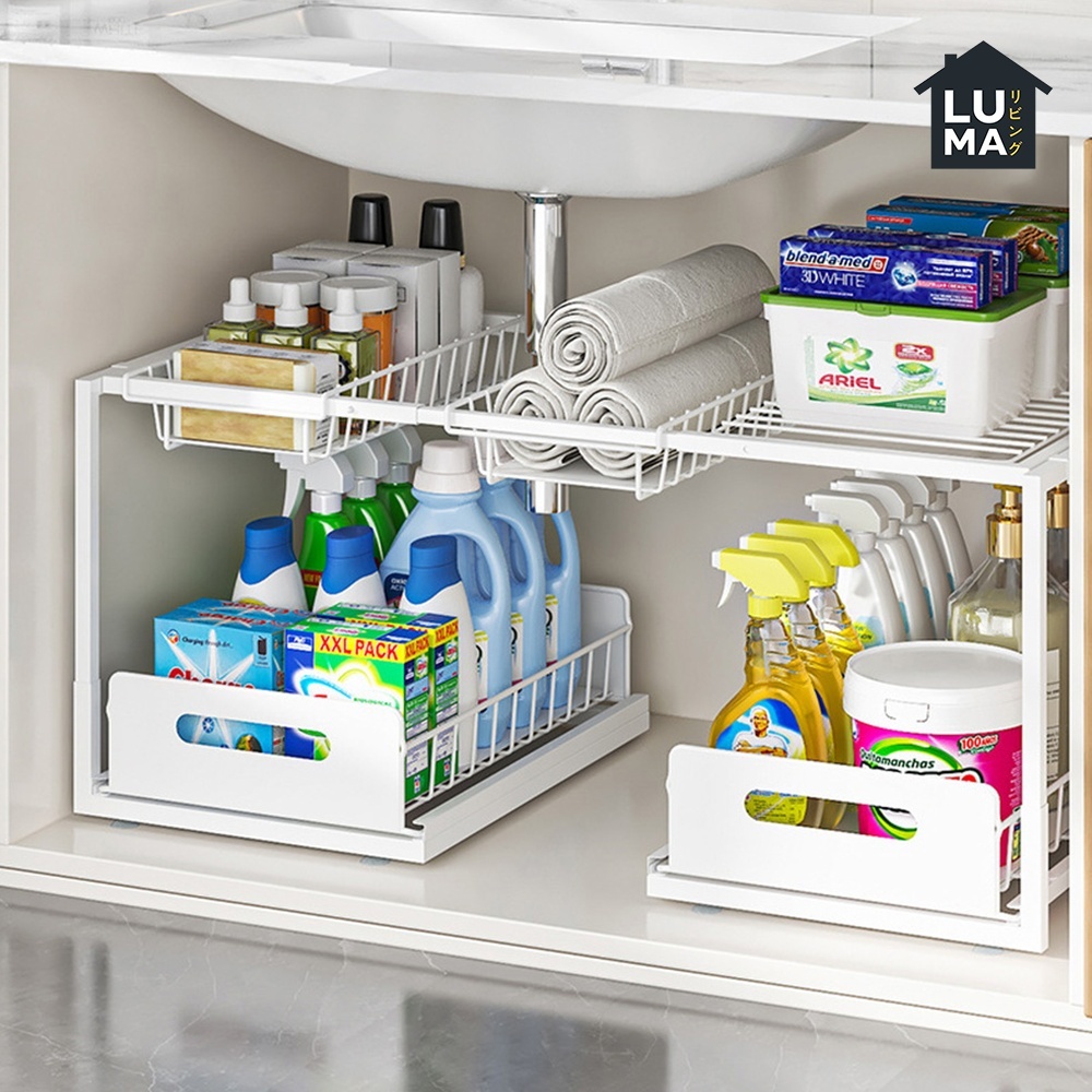 Rak Bawah Wastafel Dapur Kamar Mandi 2 Tingkat Penyimpanan Bumbu Sabun Stainless Steel Serbaguna