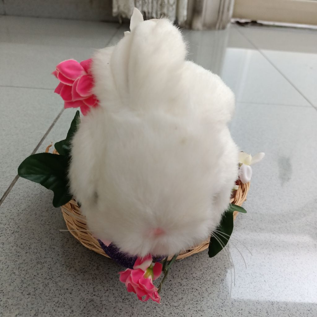 Boneka murah kelinci putih white rabbit dalam keranjang