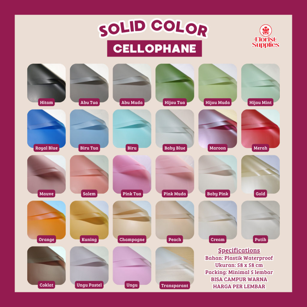 

Kertas Buket Bunga Solid Color Cellophane Full Color OPP Wrapping Paper Flower Bouquets Paper Ecer