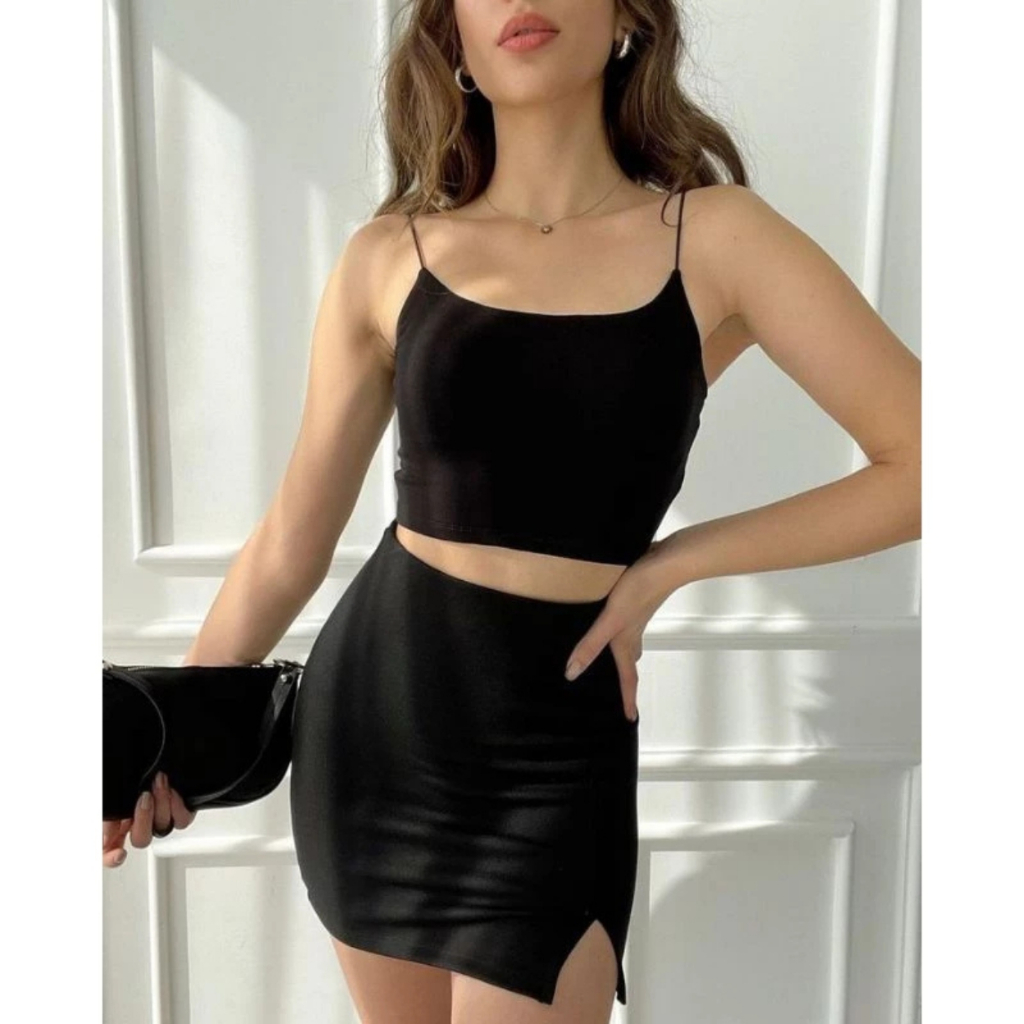 One set rok mini bodycone tangtop and span pendek belah 2in1 korean style