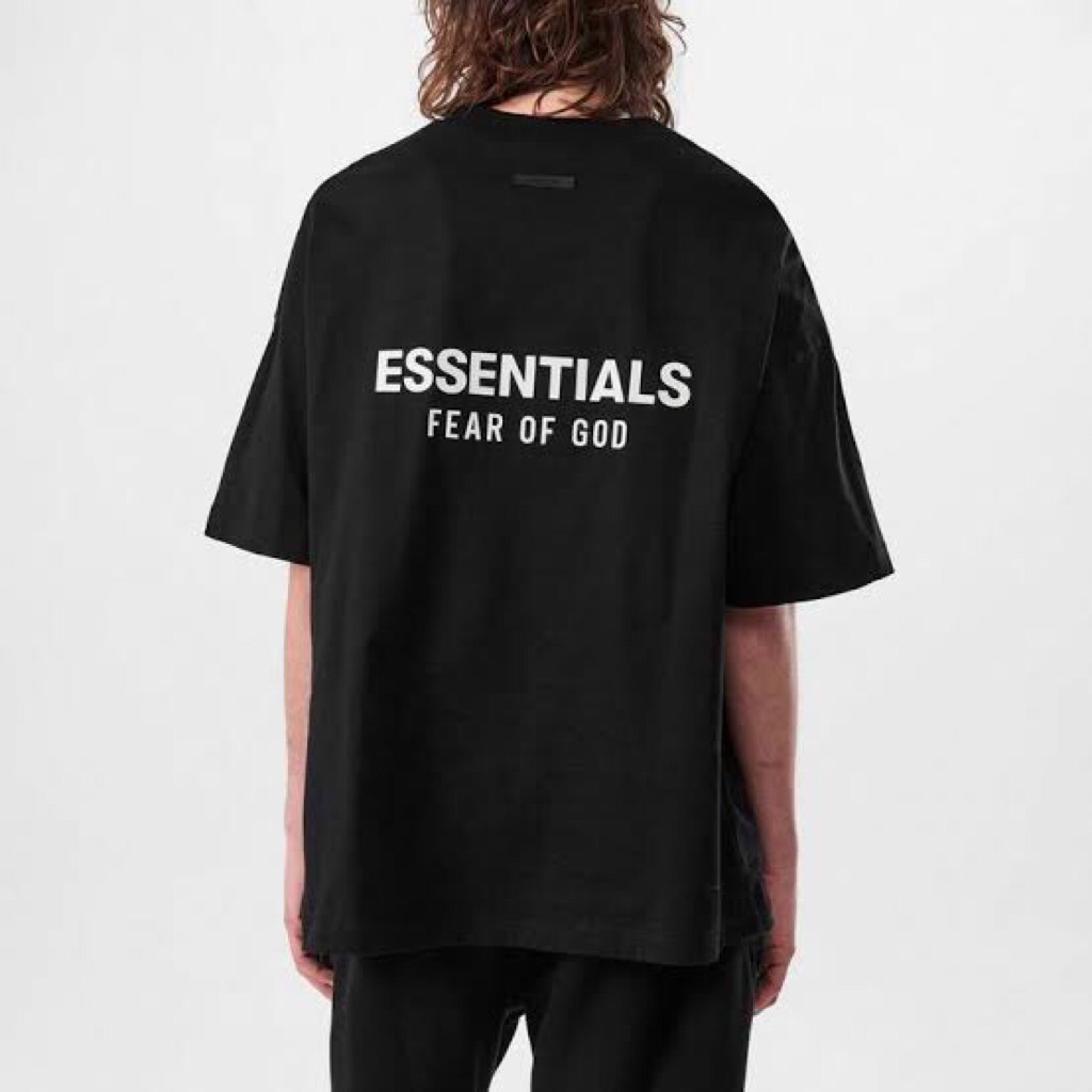 T-Shirt Essentials Fear Of God Los Angeles Reflective Text Logo Hitam - Abu - Convert Green Kaos FOG