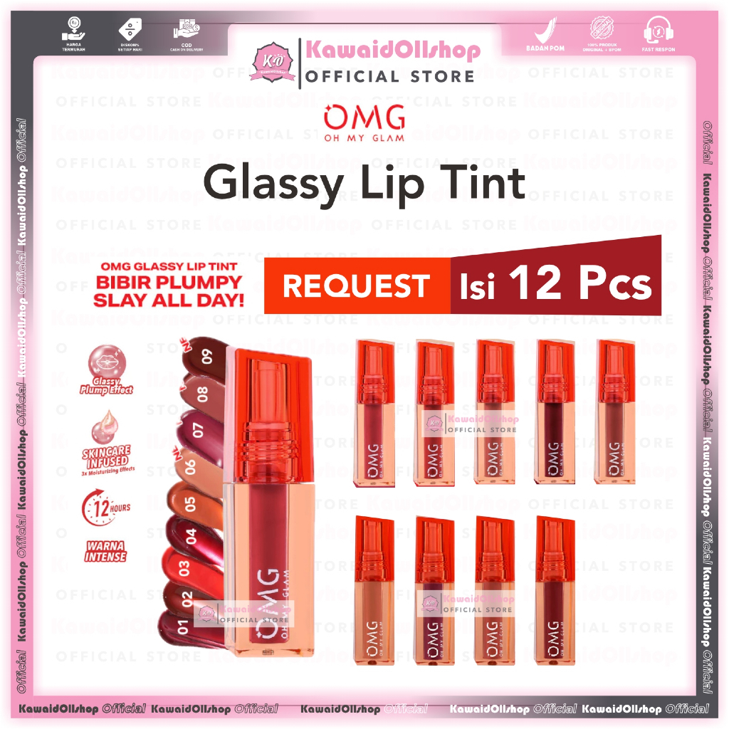 OMG OH MY GLAM [BOX] Glassy Lip Tint 2g Paket 1 box Isi 12 Pcs/ isi 6pcs Lipstick | Tahan Lama /Lusi