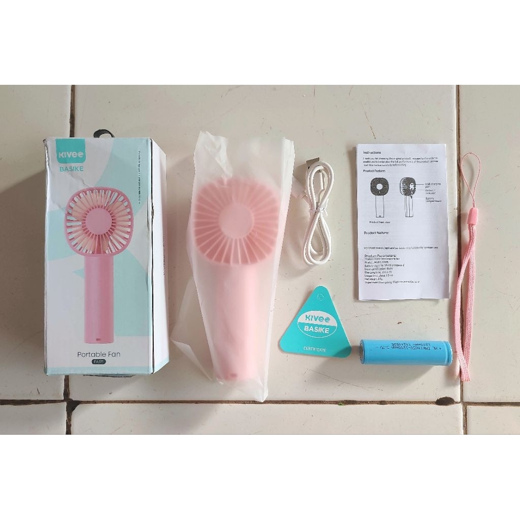 kipas angin mini, kipas angin portable basike x kivee warna putih, pink, biru