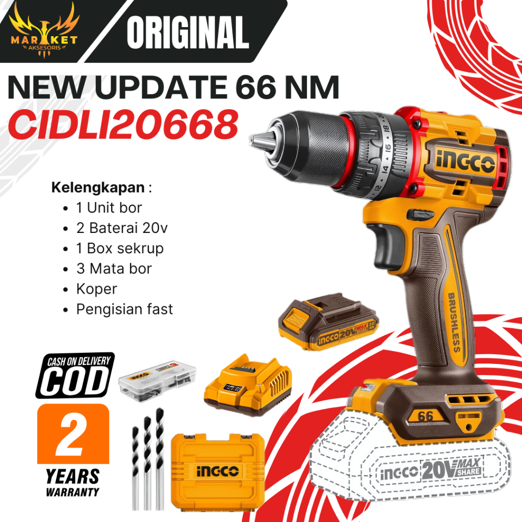 Cordless INGCO CIDLI20668 SET 20V BRUSHLESS Mesin Bor Portable Impact Hammer Drill Bor Tembok Beton 