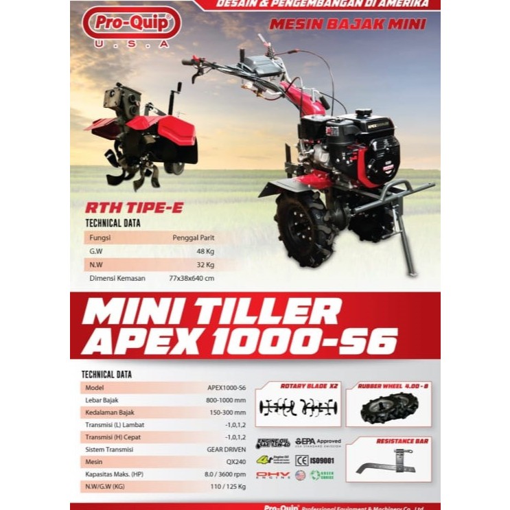 HAND TRAKTOR MINI TILLER PROQUIP APEX 1000-S6 + E DITCHING /RTH