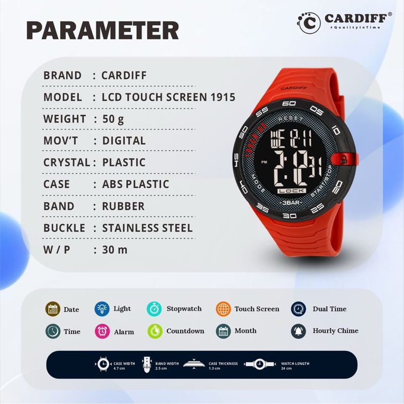 CARDIFF PARAMETER LCD TOUCH SCREEN 1915 Jam Tangan Pria Anti Air Water Original Waches