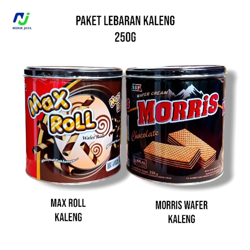 

PAKET LEBARAN HEMAT KALENG 2 PCS { Morris Wafer Kaleng 250g & Max Roll Kaleng 250g } - FREE CHIKI 1 PCS RANDOM