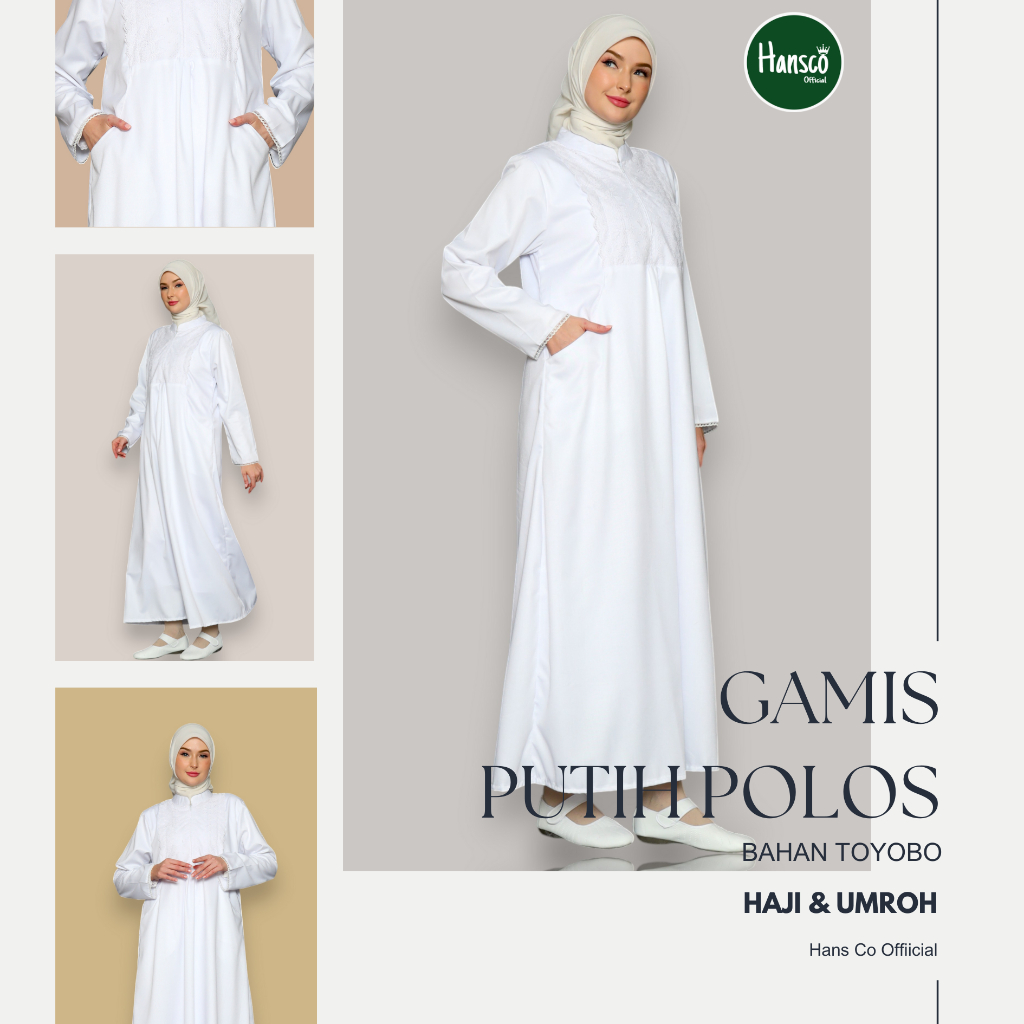 Baju Gamis Umroh Putih Polos Bahan Katun Toyobo Baju Muslim Umroh Haji Wanita Jumbo Series Hansco