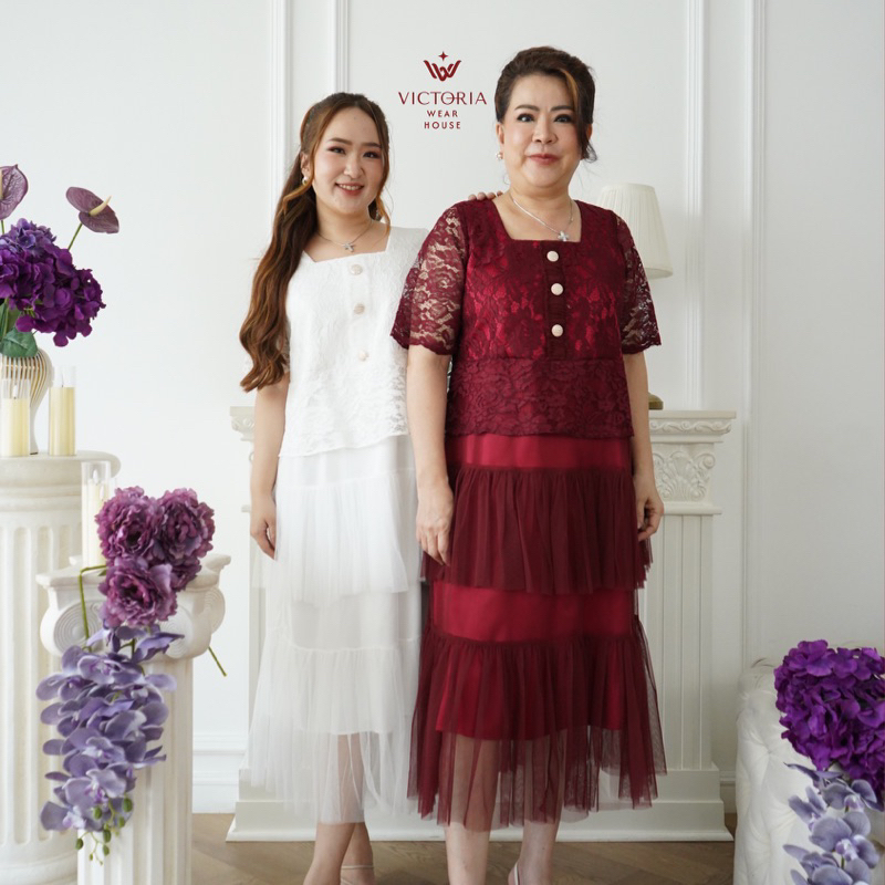 (Victoria Wear House) Merry Dress - Dres Gaun Terusan Midi Lengan Penned Bahan Brokat dan Tille Dres