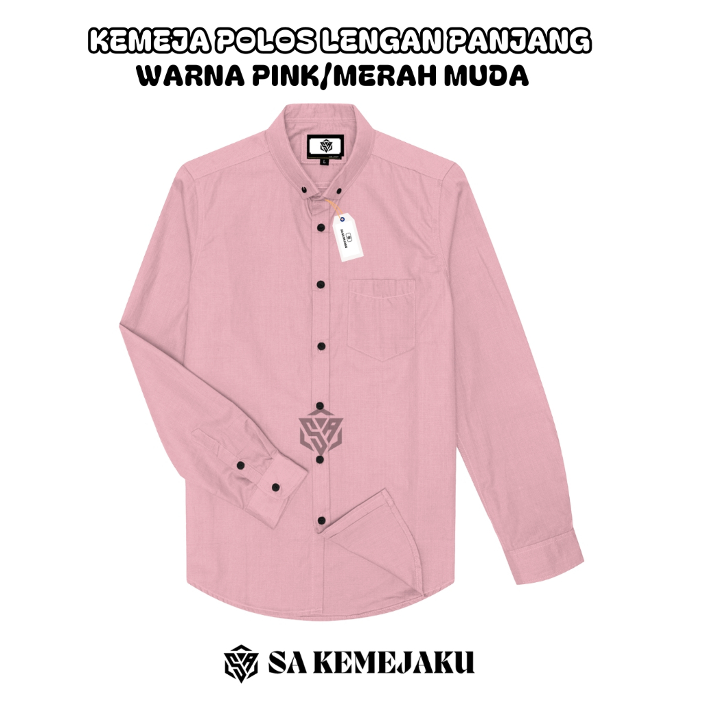 Kemeja Pria Polos pink merah muda Lengan Panjang Kemeja Cotton Hem pria warna pink kemeja casual