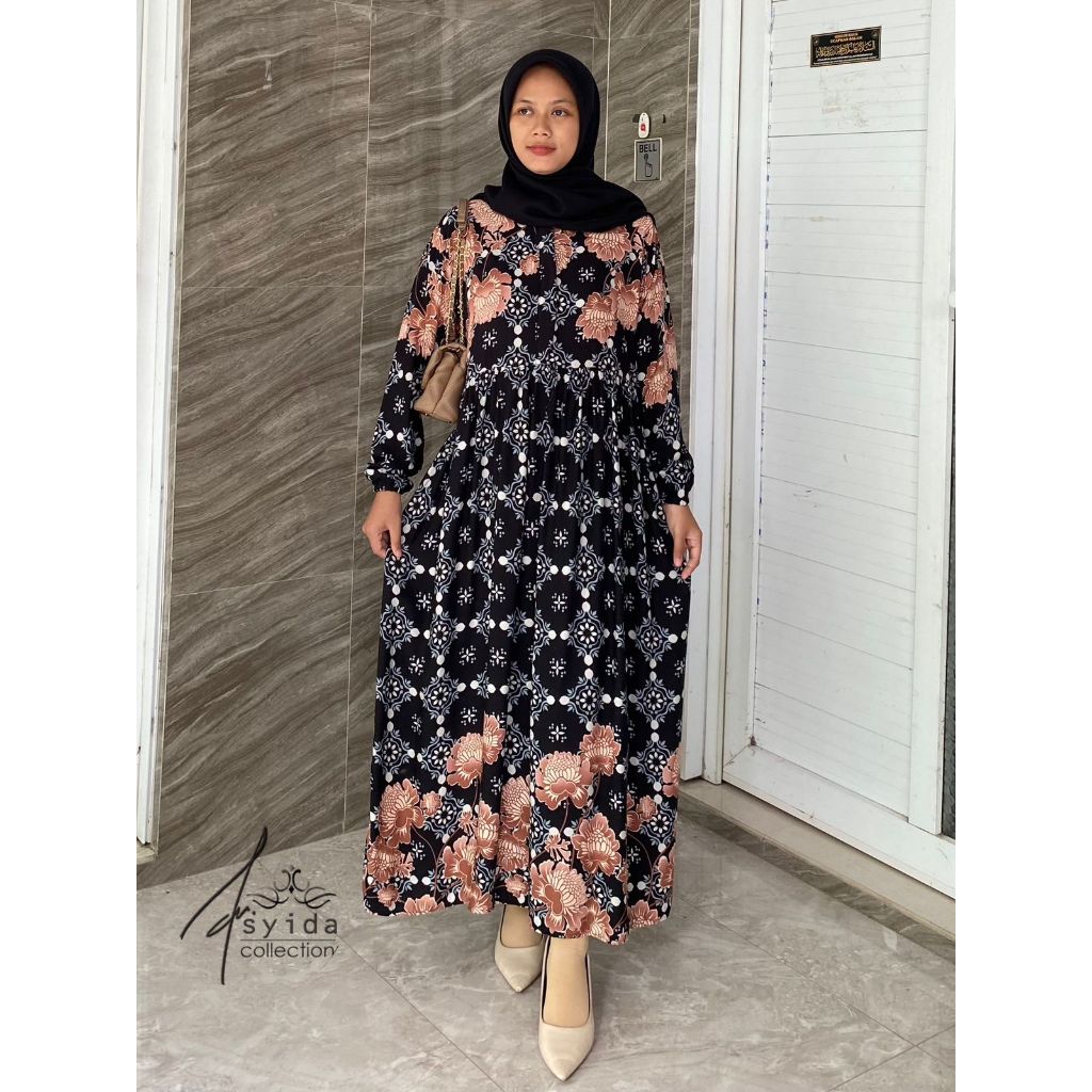 Midi Dress Rayon Motif Etnik FREYA Bahan Rayon Premium Terlaris Dress Busui Friendly Adem Nyaman(KV)