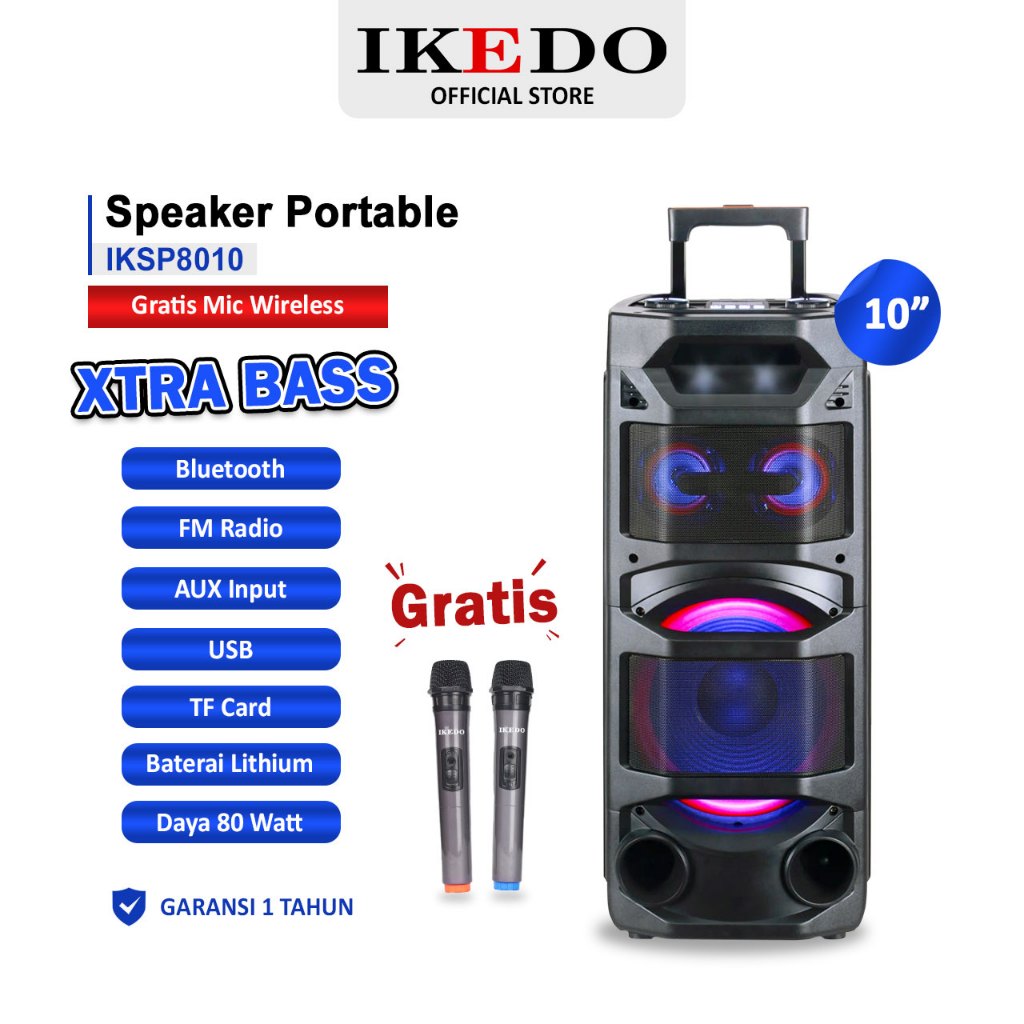 IKEDO Speaker Bluetooth 10 inch Extra Bass TWS Speaker IKSP8010 [GRATIS PACKING KAYU]