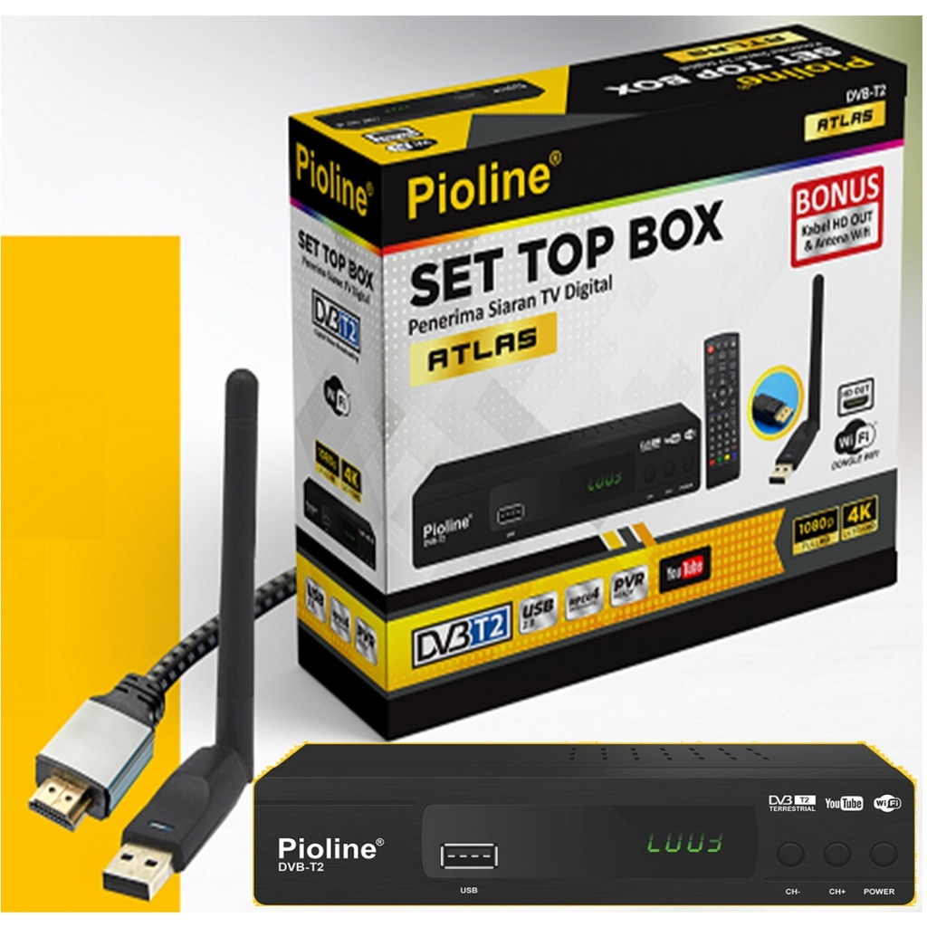 Set Top Box Pioline DVB-T2 ATLAS Free USB Dongle Wifi+ Kabel HDMI + Kabel RCA bisa Adaptor