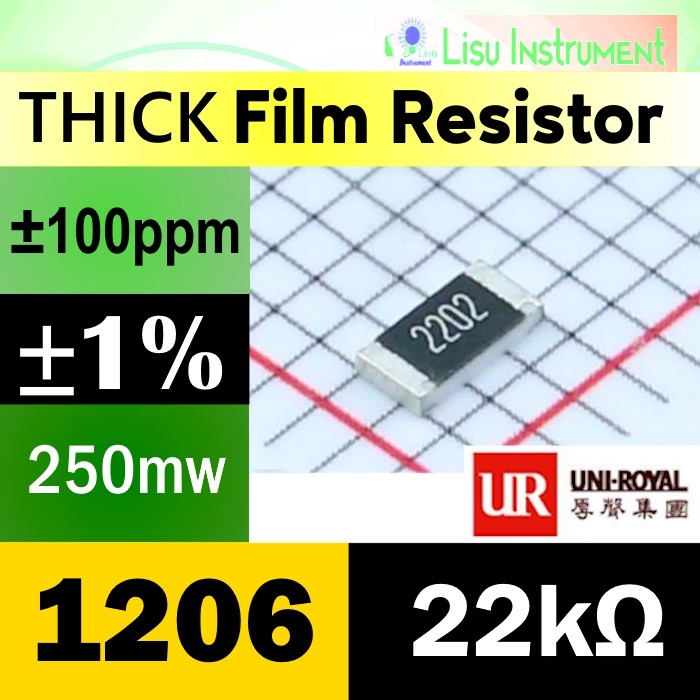22kΩ 1206 ±1% 250mW Thick Film Resistor SMD 200V ±100ppm/°C 22k 2202 1206W4F2202T5E UNI-ROYAL