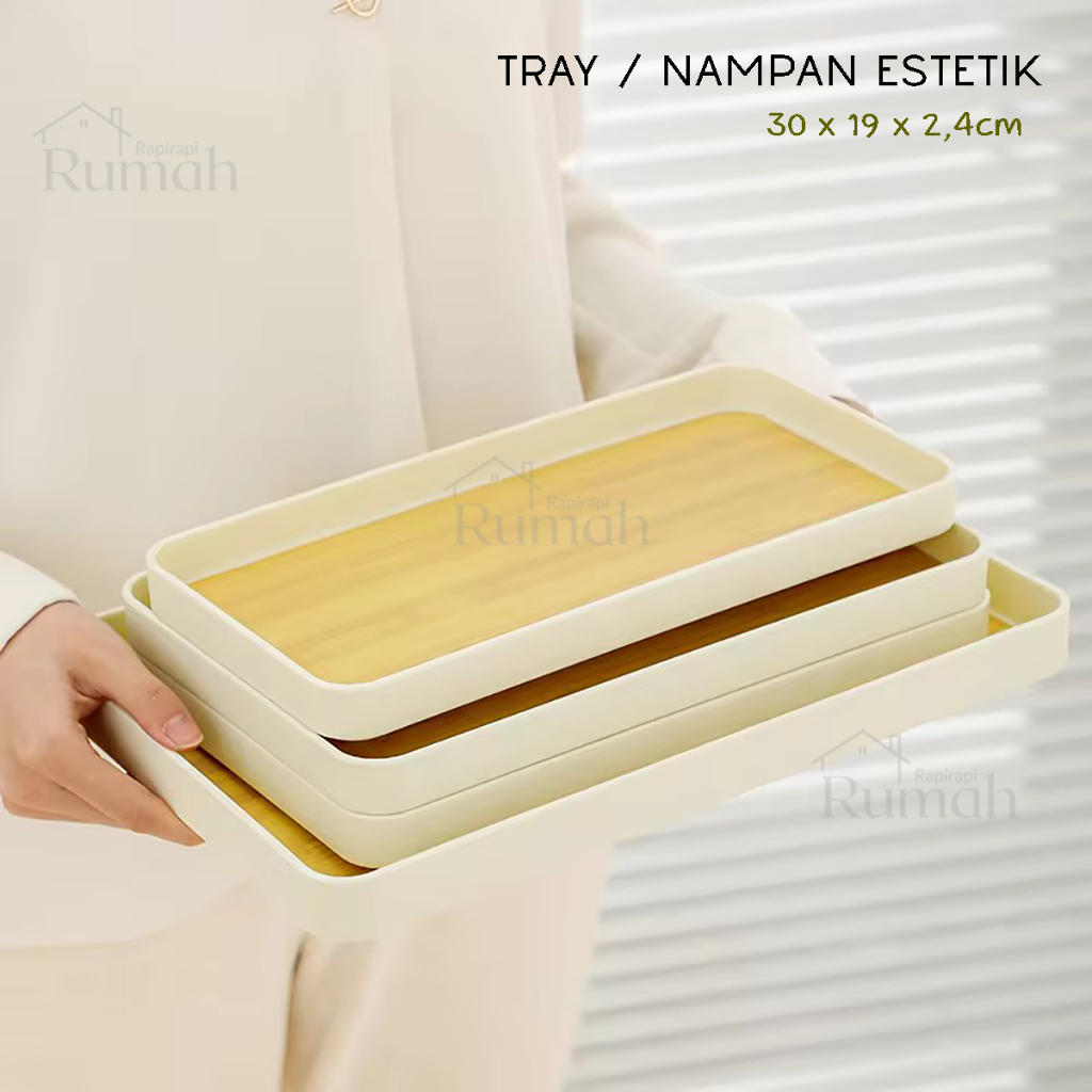 Tray Nampan Estetik Bahan Plastik Anti Air Warna Putih Bambu