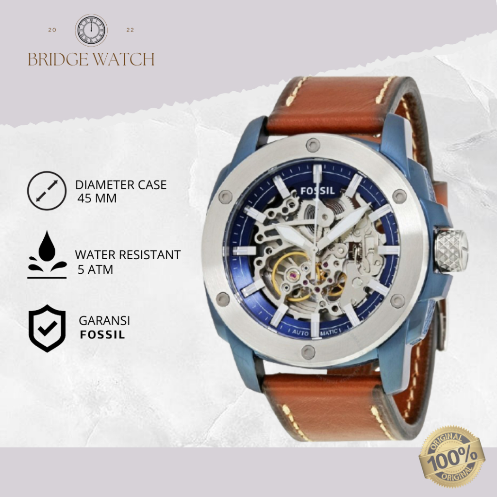 Jam Tangan Pria Fossil Automatic Modern Machine Analog Strap Kulit Cowok Sporty Skeleton Dial Brown 