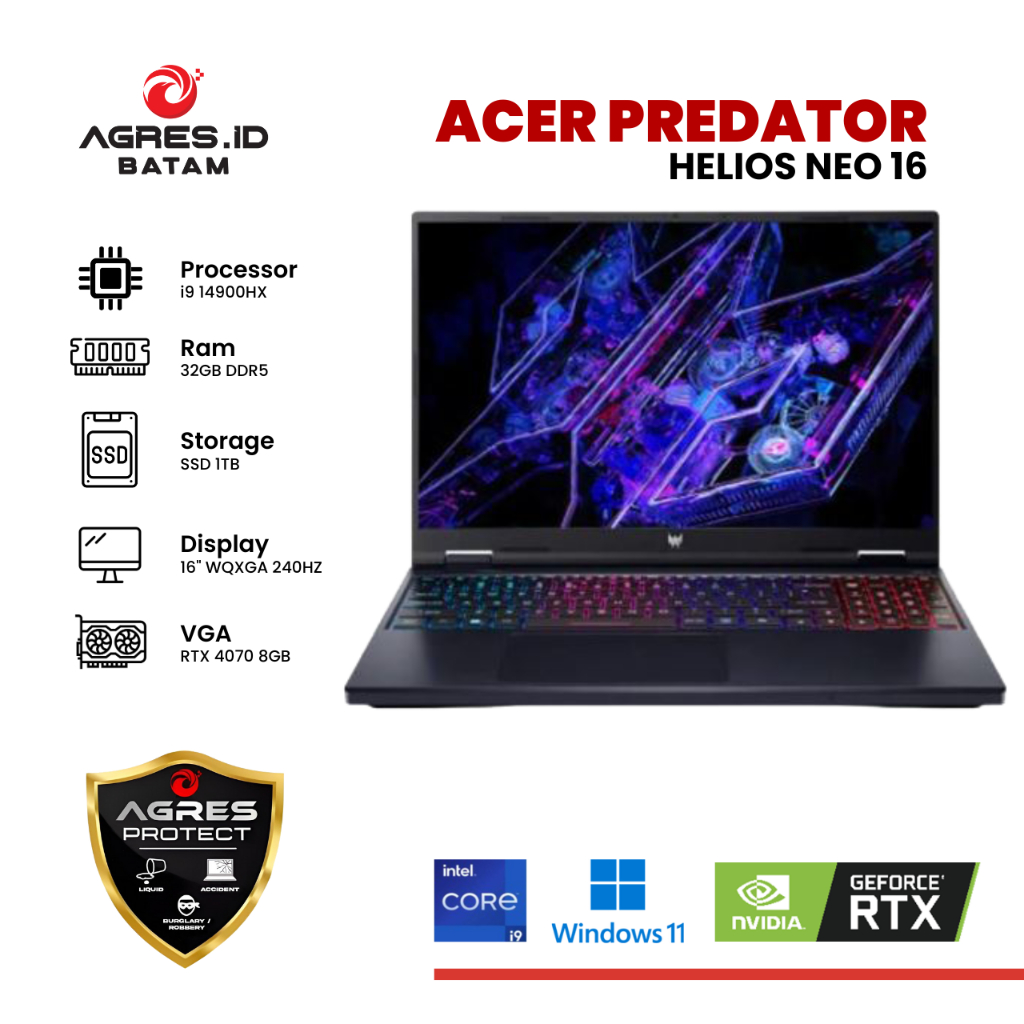 LAPTOP GAMING ACER PREDATOR HELIOS NEO 16 I9 14900HX RTX4070 8GB/ 32GB 1TB W11
